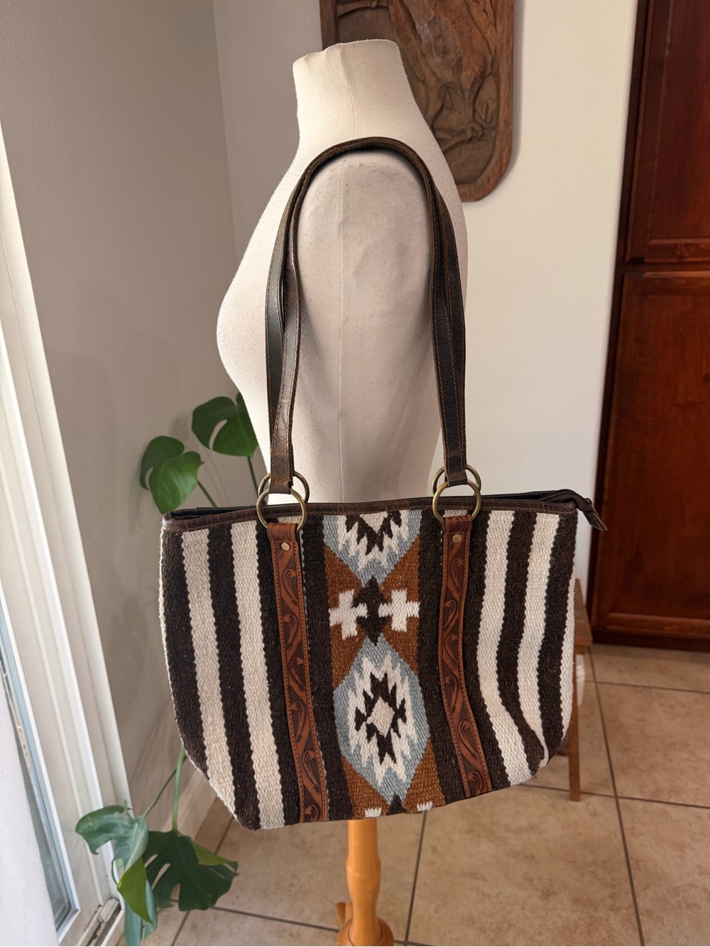 Southwestern Woven Leather Shoulder Tote Bag